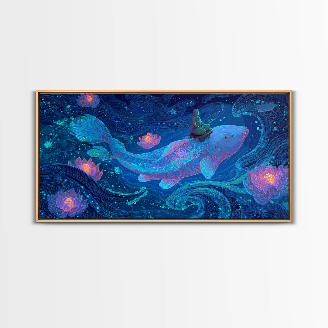 Magical Koi Fish Swimming Among Lotus Flowers In Blue Water Contemporary Wall Art Canvas Print For Zen Home Decor And Spa Rooms