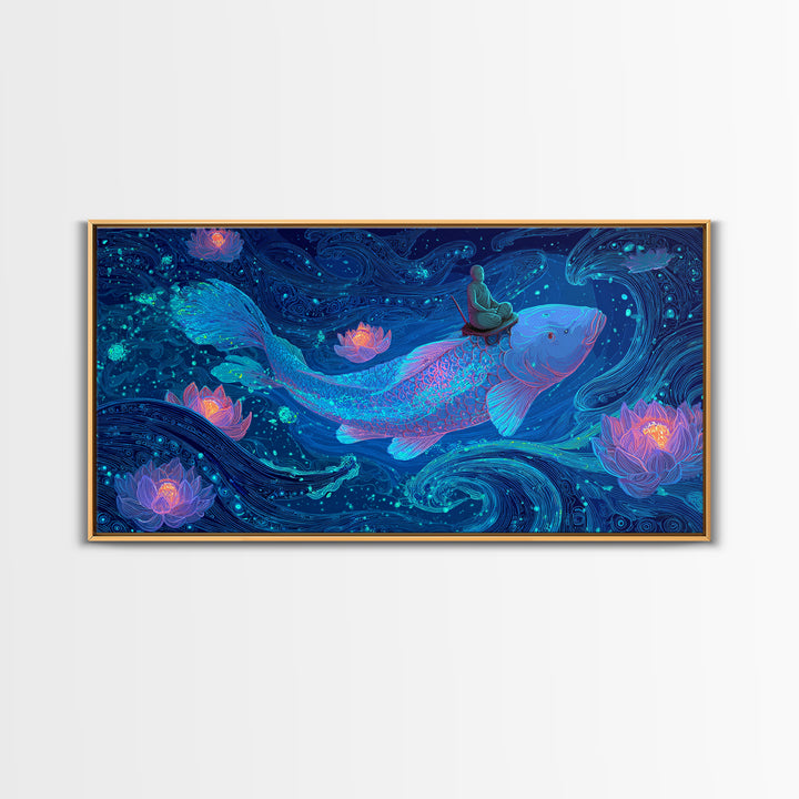 Magical Koi Fish Swimming Among Lotus Flowers In Blue Water Contemporary Wall Art Canvas Print For Zen Home Decor And Spa Rooms