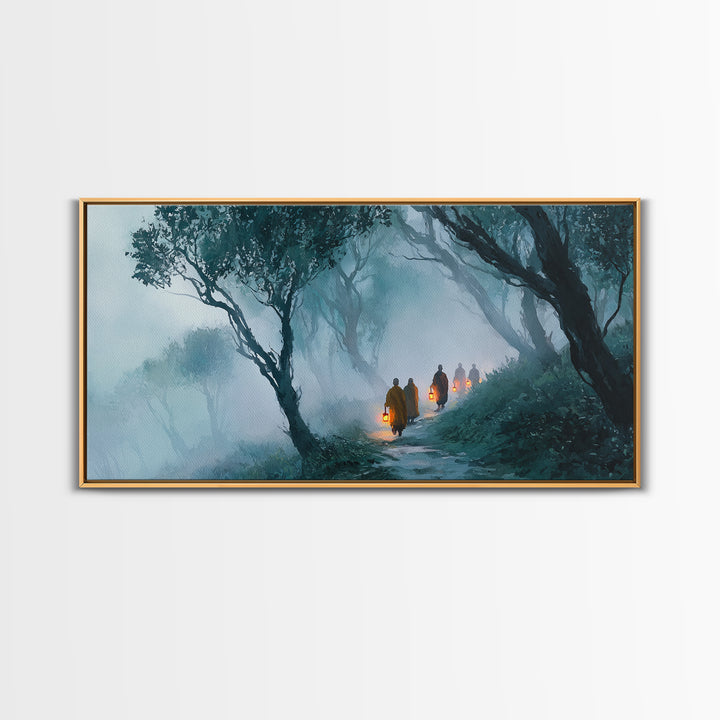 Mystical Monks Walking With Lanterns Through Foggy Forest Trail Wall Art Framed Canvas Print For Tranquil Home Decor