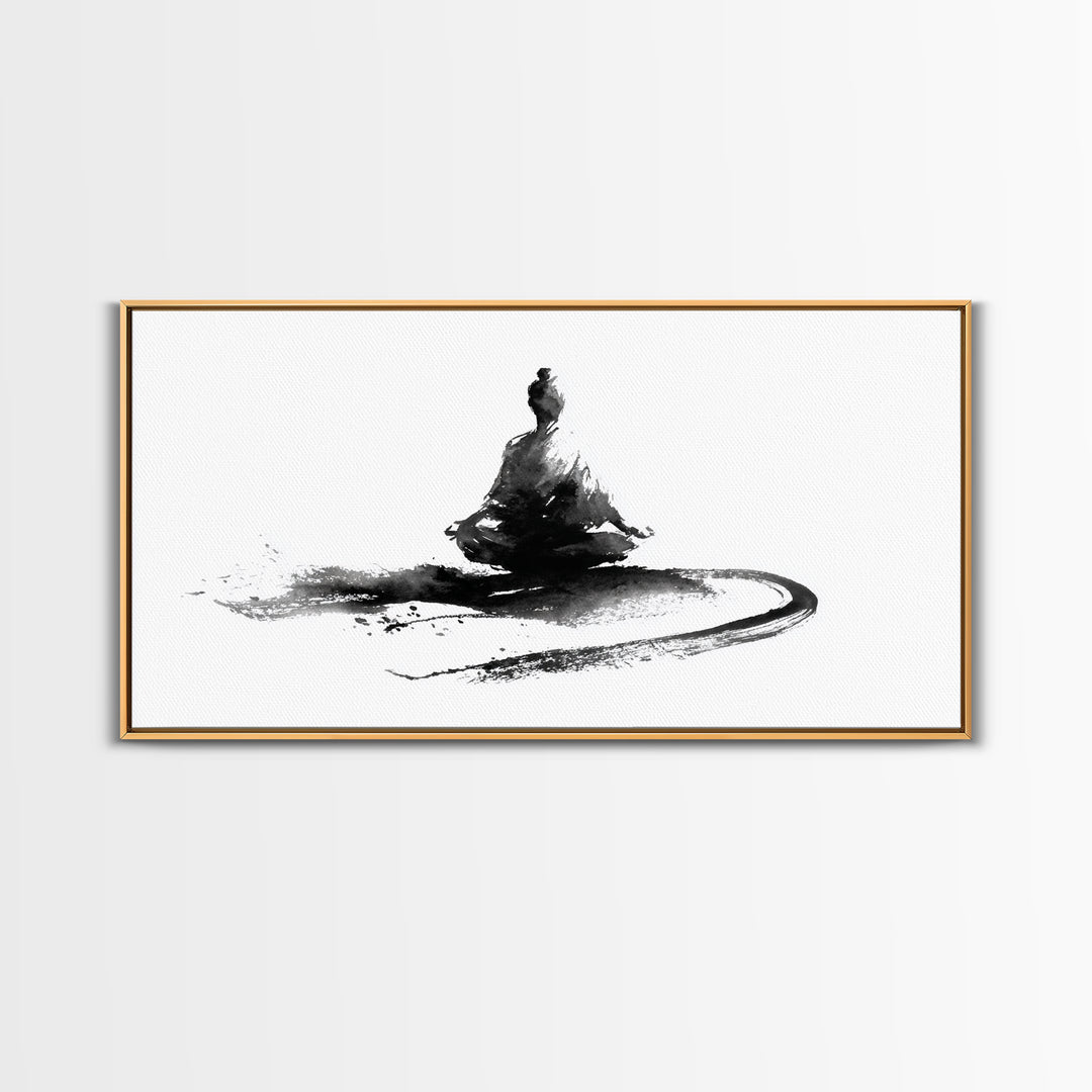 Minimalist Black And White Ink Painting Of Meditating Figure Abstract Wall Art Canvas Print For Modern Home Decor