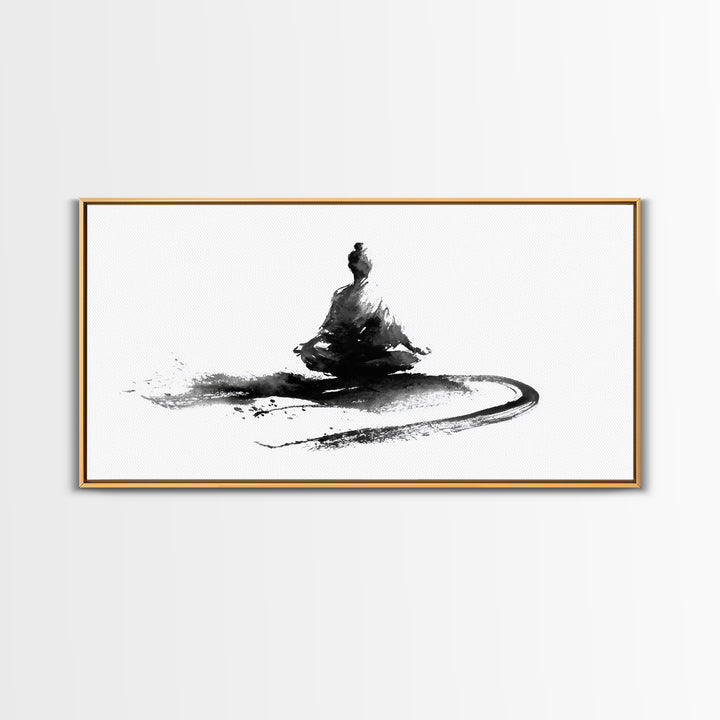 Minimalist Black And White Ink Painting Of Meditating Figure Abstract Wall Art Canvas Print For Modern Home Decor