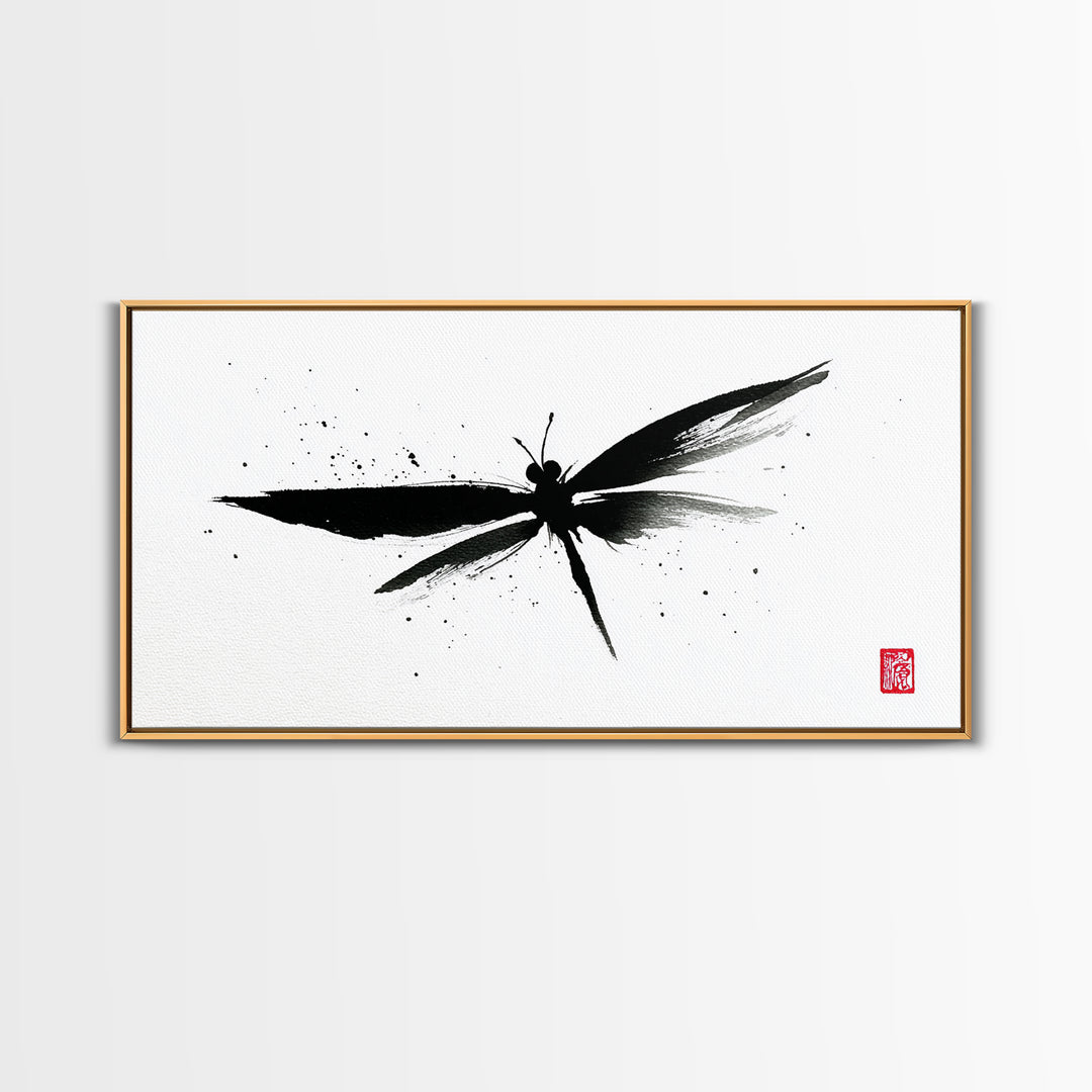 Zen Brush Stroke Dragonfly Japanese Ink Painting Minimalist Black And White Wall Art For Modern Home Decor Canvas Print