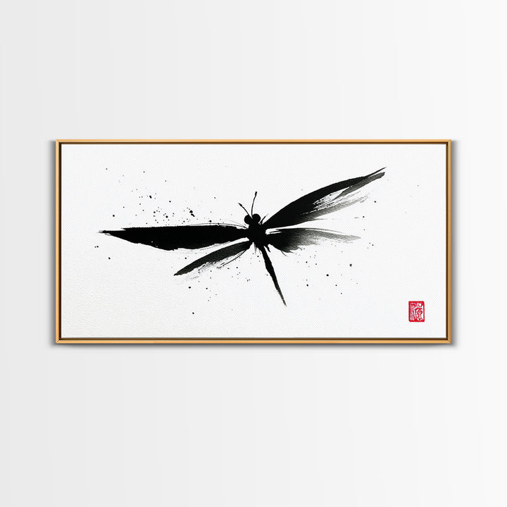 Zen Brush Stroke Dragonfly Japanese Ink Painting Minimalist Black And White Wall Art For Modern Home Decor Canvas Print