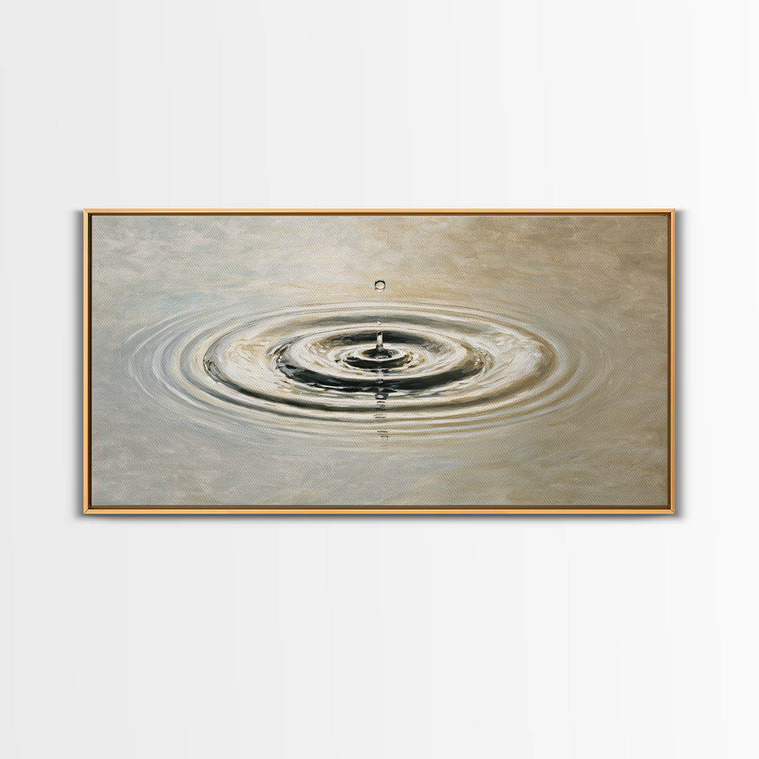 Hyperrealistic Water Drop Ripples Painting, Neutral Wall Art Framed Canvas Print For Modern Living Room Decor And Meditation Space