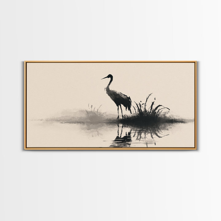 Elegant Black Crane Silhouette Reflecting Over Calm Water Minimalist Wall Art Framed Canvas Print For Home Decor