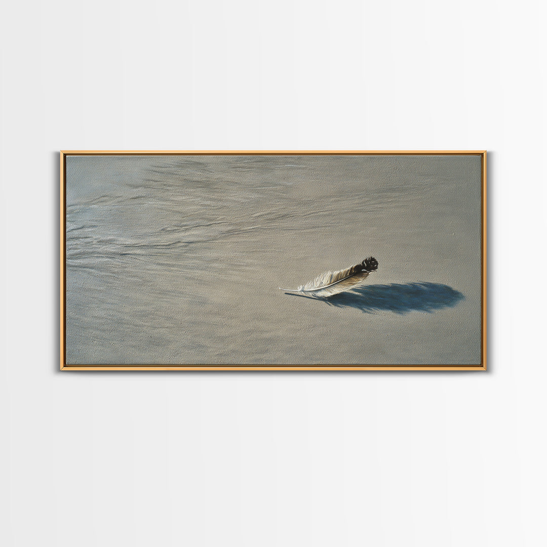 Delicate Single Feather With Realistic Shadow In Soft Beige Canvas Print For Elegant Wall Art Home Decor