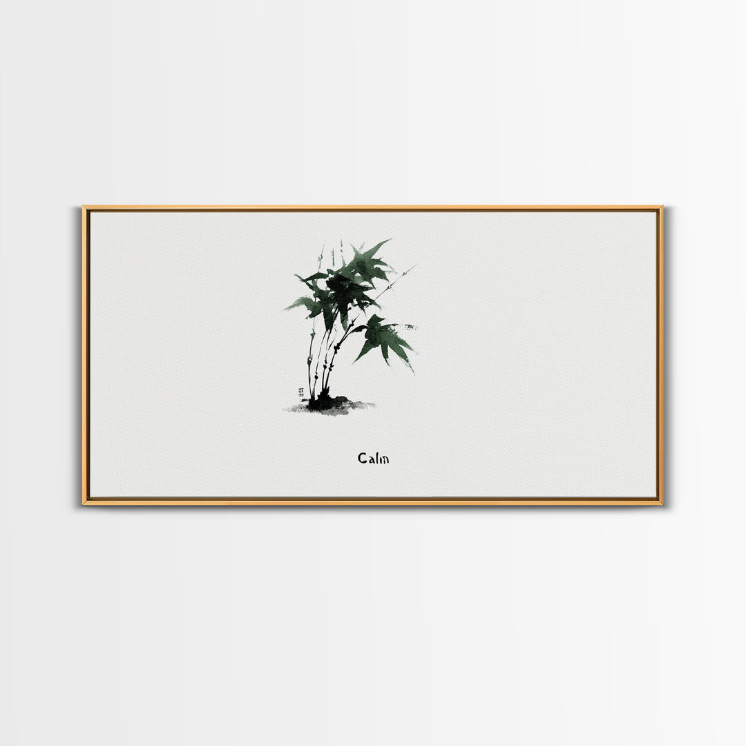 Minimalist Japanese Ink Painting Of Green Maple Leaves Calm Nature Wall Art Framed Canvas Print For Zen Home Decor