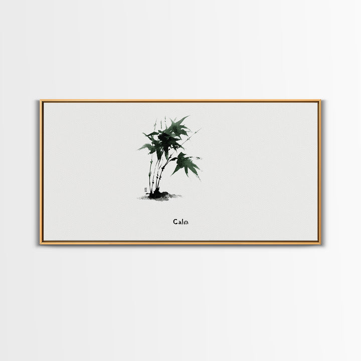 Minimalist Japanese Ink Painting Of Green Maple Leaves Calm Nature Wall Art Framed Canvas Print For Zen Home Decor