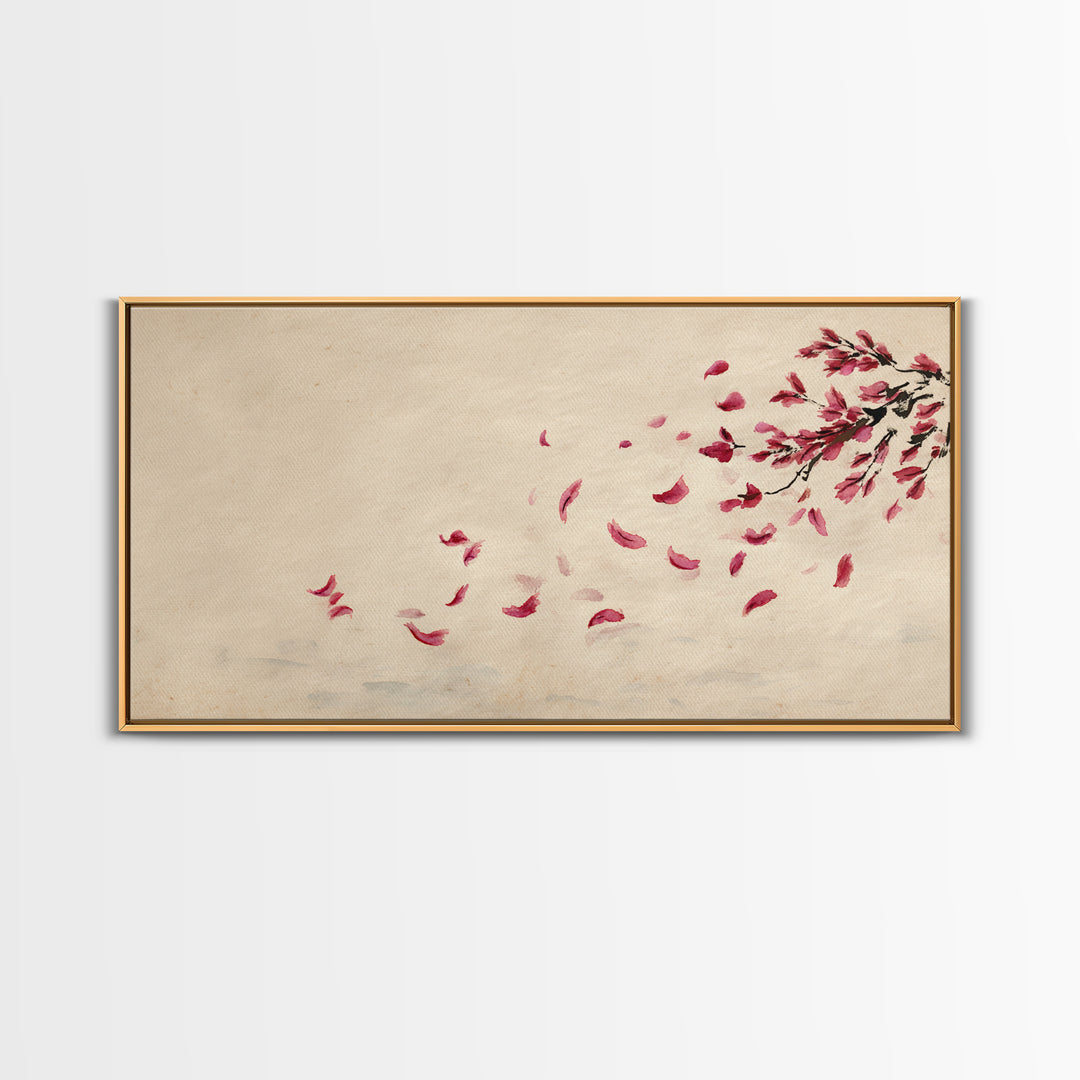 Minimalist Watercolor Red Falling Flower Petals Japanese Painting Art Print Canvas Print For Living Room