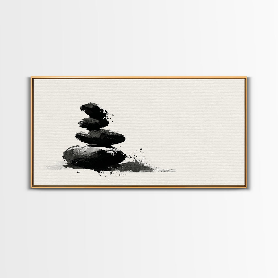 Minimalist Black And White Zen Stones Abstract Painting Wall Art Framed Canvas Print For Modern Home Decor