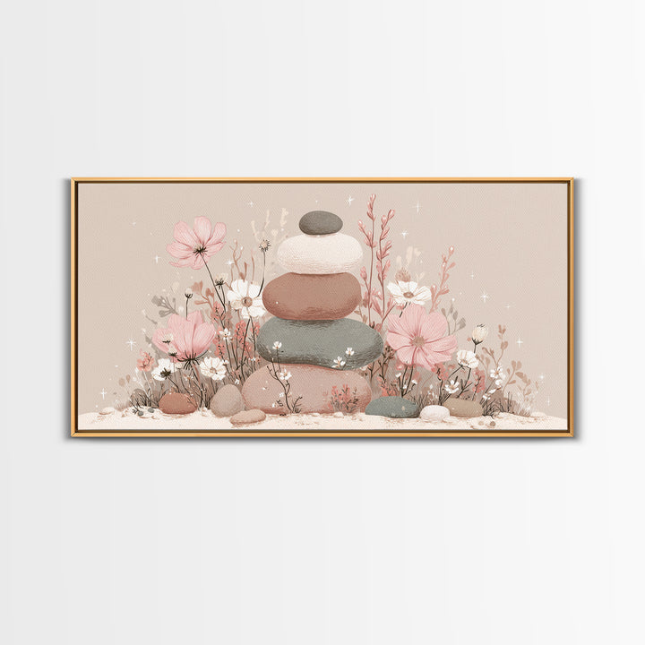 Stacked Zen Stones Wall Art, Pink Floral Spa Decor, Wabi Sabi Neutral Home Decor, Calming Bathroom Meditation Canvas Print