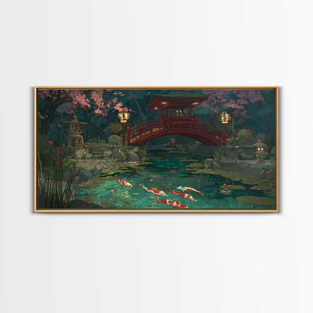 Peaceful Japanese Garden Pond With Koi Fish And Traditional Bridge Painting, Serene Wall Art, Framed Canvas Print For Zen Home Decor