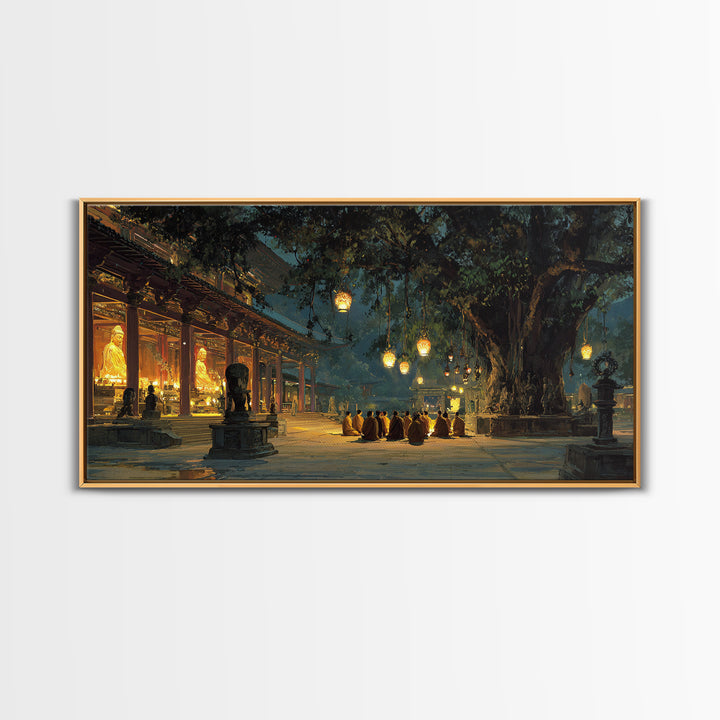 Serene Buddhist Monks Meditating Under Ancient Tree At Temple Warm Glowing Lights Wall Art Framed Canvas Print For Spiritual Home Decor