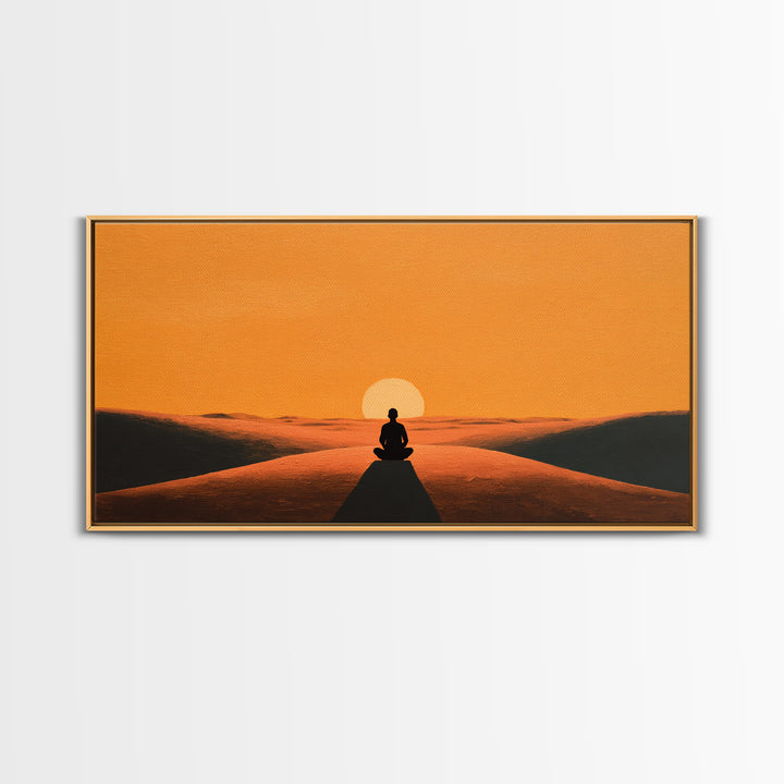 Meditative Silhouette On Warm Sunset Dunes Minimalist Wall Art Canvas Print For Relaxing Home Décor