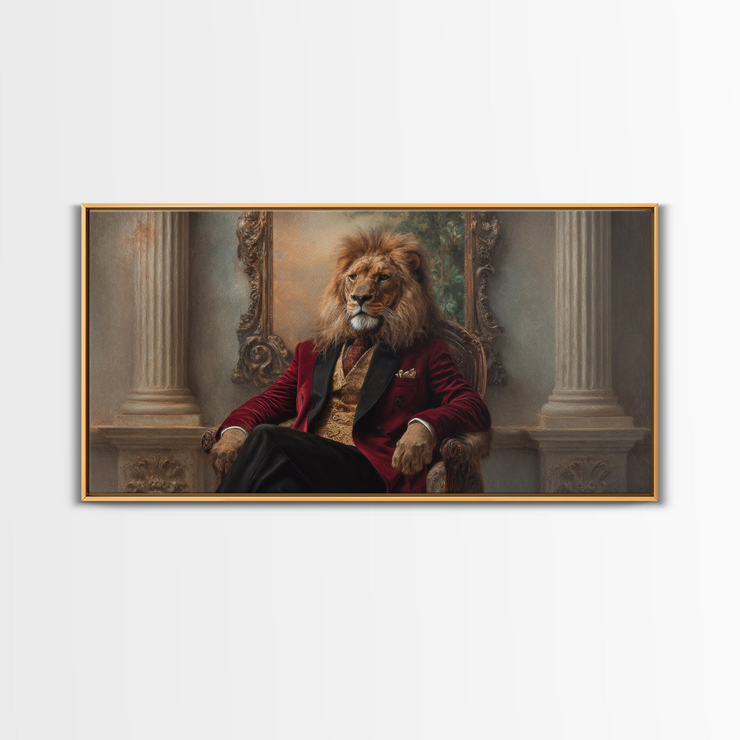 Lion King In Red Velvet Suit Canvas Print, Regal Animal Wall Art, Victorian Portrait, Masculine Office Decor, Gift For Him