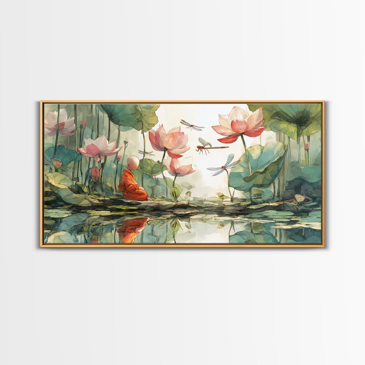 Serene Meditating Monk Among Lotus Flowers And Dragonflies Wall Art Beautiful Calm Nature Scene Framed Canvas Print