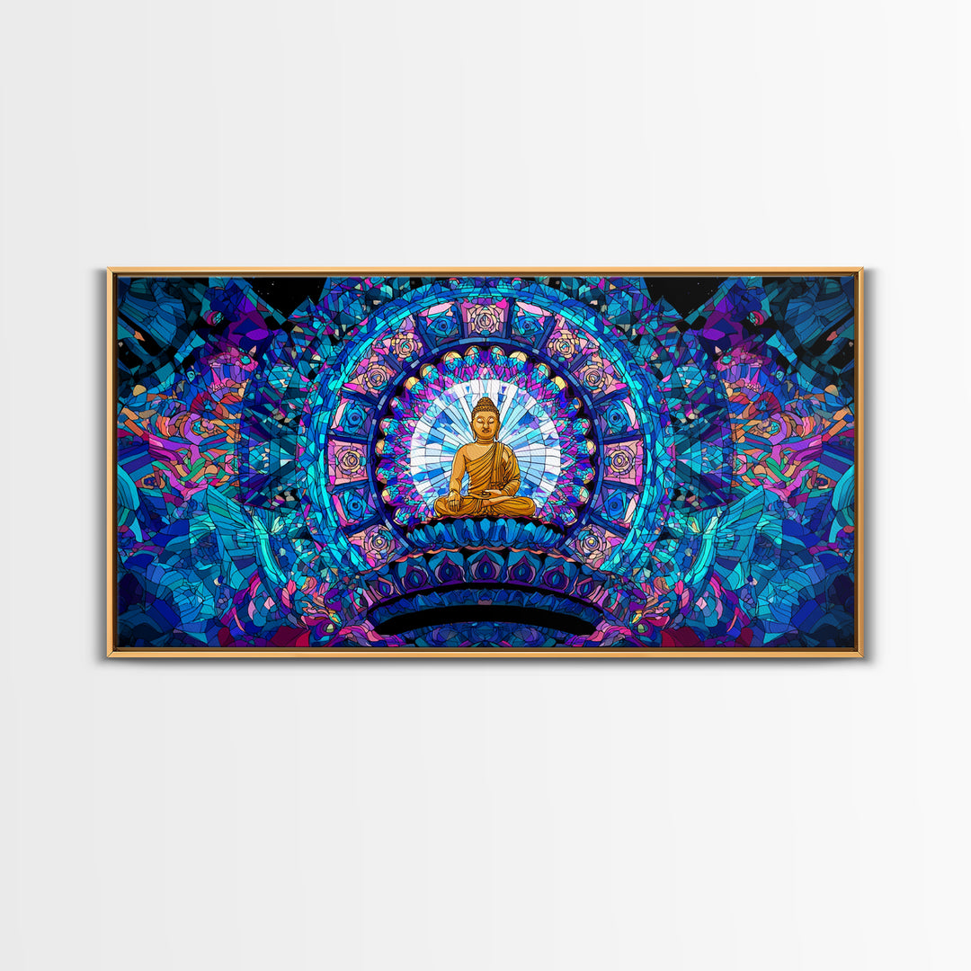 Stained Glass Style Blue Buddha Meditation Wall Art Framed Canvas Print For Spa Decor And Spiritual Home Decor