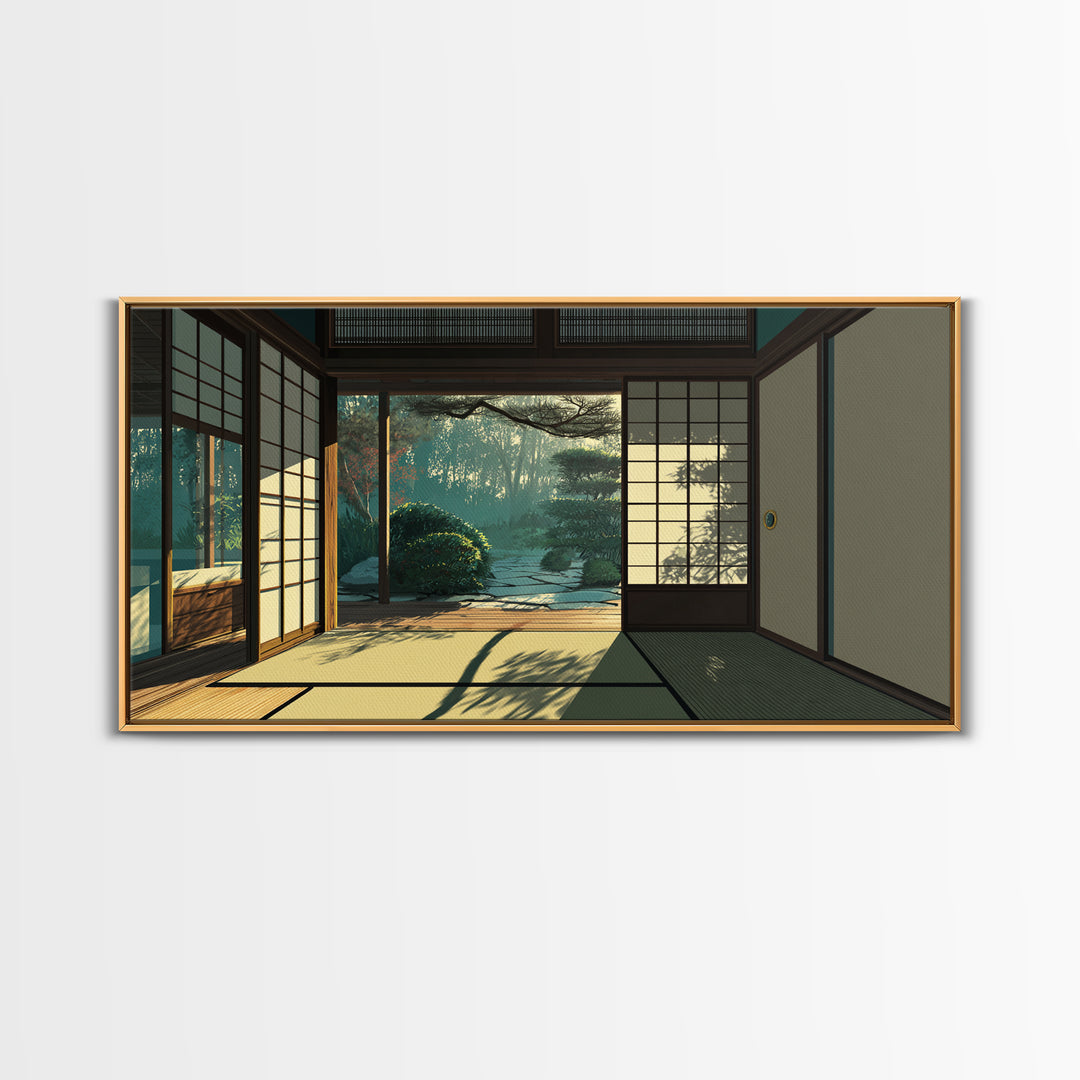 Sunlit Japanese Interior With Garden View Painting Canvas Print Minimalist Wall Art For Bedroom And Office