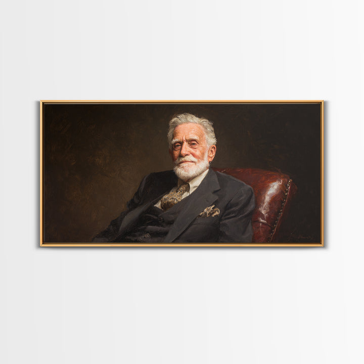 Distinguished Elder Gentleman Portrait Framed Canvas Print, Classic Wall Art, Dark Academia Decor, Office Art, Gift For Him