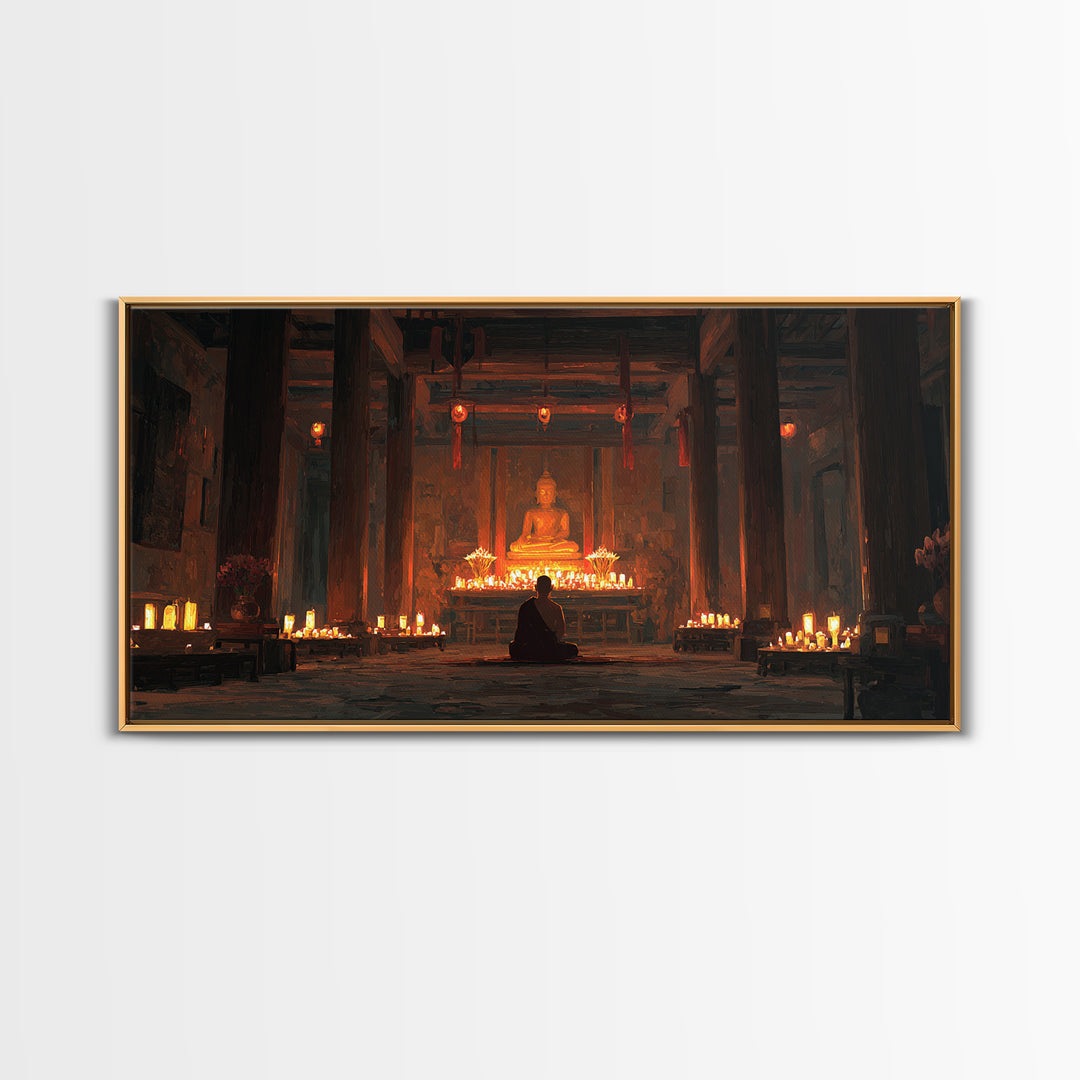 Serene Buddha Meditation In Candlelit Temple Painting Wall Art Home Spiritual Canvas Print Zen Decor