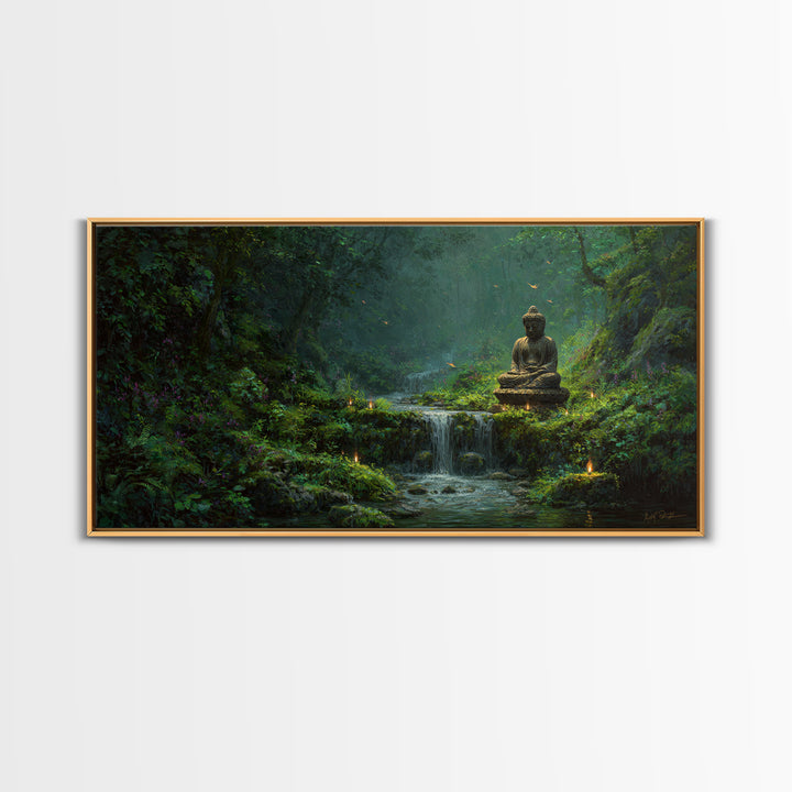 Serene Buddha Statue Waterfall Forest Scene Tranquil Landscape Wall Art Framed Canvas Print To Create Zen Home Decor Or Meditation Room
