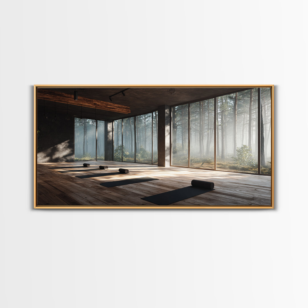 Peaceful Yoga Studio Interior With Forest View Wall Art Canvas Print Modern Office Decor Tranquil Space