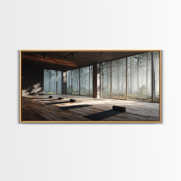 Peaceful Yoga Studio Interior With Forest View Wall Art Canvas Print Modern Office Decor Tranquil Space