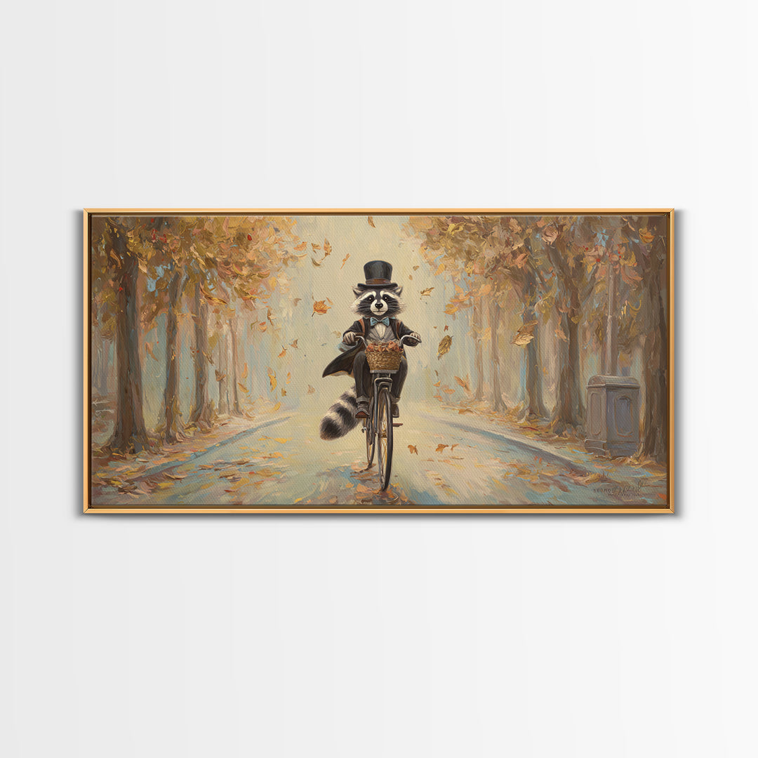 Whimsical Raccoon Riding Bicycle Canvas Print, Autumn Wall Art, Cute Animal Art, Kids Room Decor, Nursery Wall Art, Gift