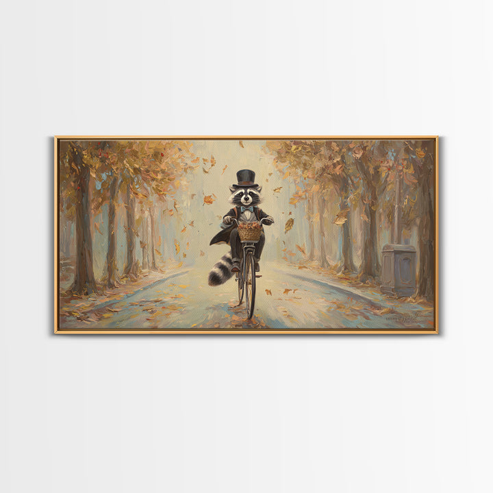 Whimsical Raccoon Riding Bicycle Canvas Print, Autumn Wall Art, Cute Animal Art, Kids Room Decor, Nursery Wall Art, Gift