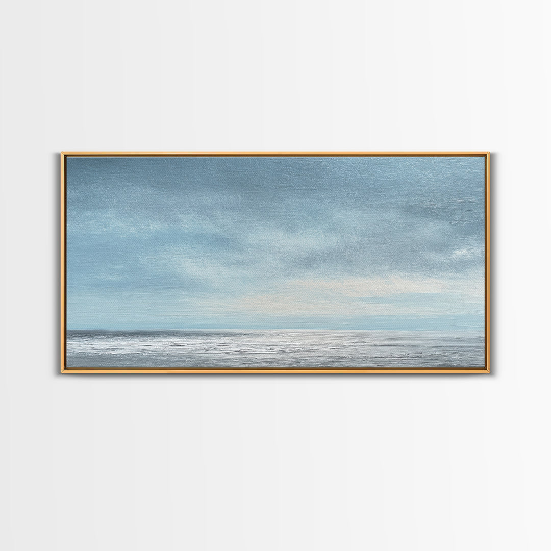 Tranquil Seascape Oil Painting With Soft Blue Sky And Ocean Horizon Peaceful Wall Art Canvas Print