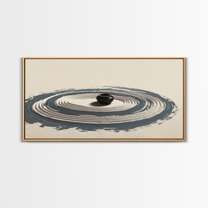 Zen Garden Sand Spiral With Ceramic Pot Minimalist Spiritual Wall Art For Meditation Room Decor Framed Canvas Print
