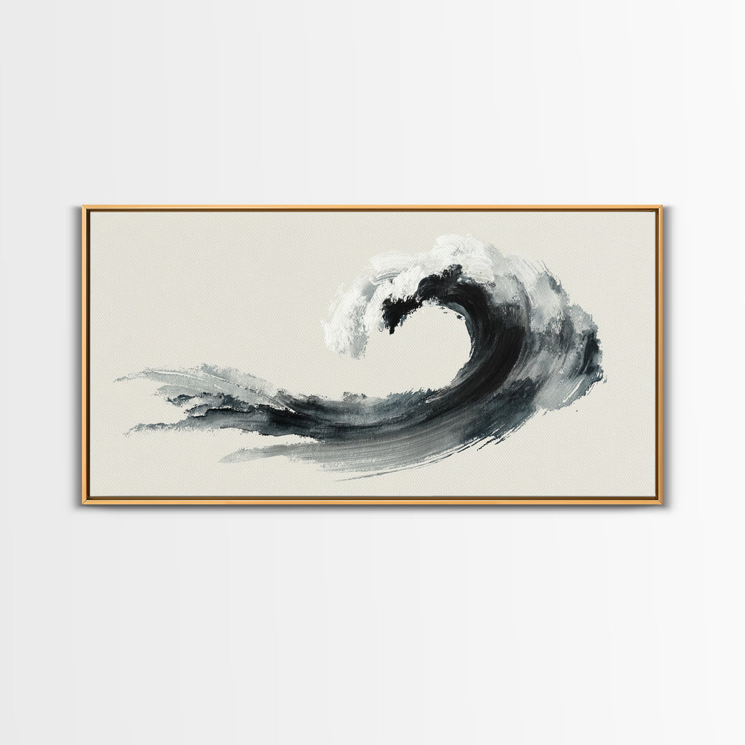 Japanese Ink Painting Black Wave Minimalist Brush Stroke Abstract Art Wall Art Framed Canvas Print For Modern Living Room Decor