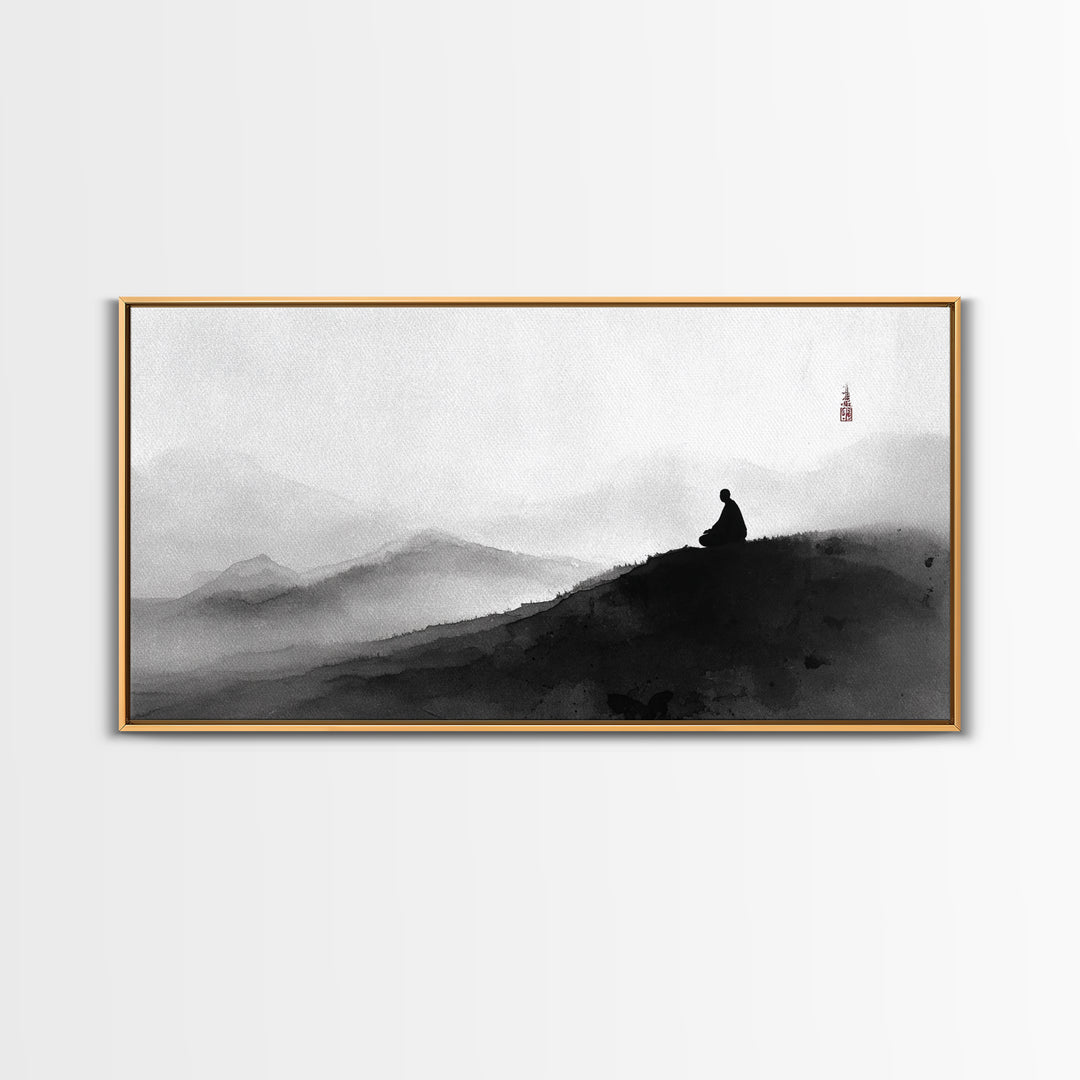 Peaceful Black And White Zen Mountain Meditation Wall Art Framed Canvas Print Spiritual Decor