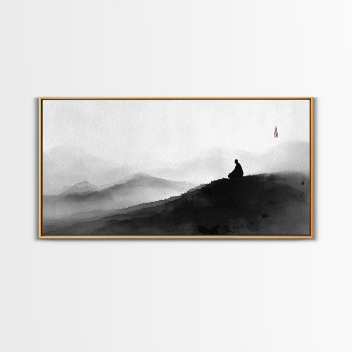 Peaceful Black And White Zen Mountain Meditation Wall Art Framed Canvas Print Spiritual Decor