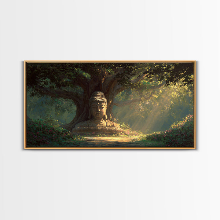Serene Buddha Statue In Lush Forest Meditation Wall Art Framed Canvas Print For Zen Home Decor And Spiritual Wall Decor