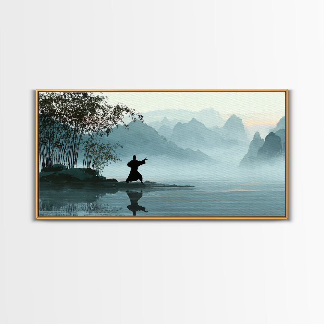 Serene Landscape With Taiji Practitioner By Water Misty Mountains Background Canvas Print Modern Wall Art Home Decor
