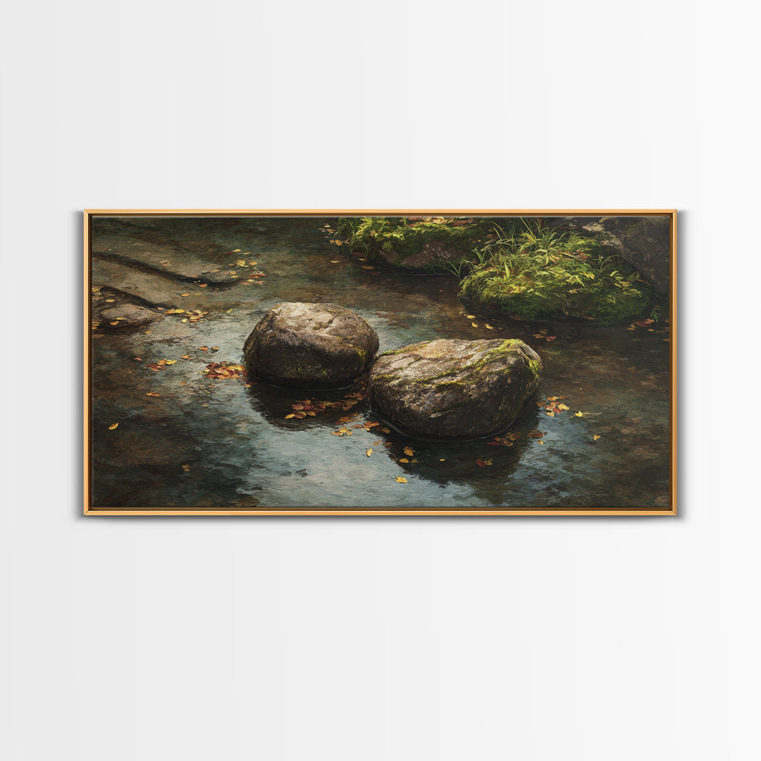 Close Up Nature Landscape Painting With Stream And Rocks Canvas Print Wall Art For Rustic Farmhouse Home Decor