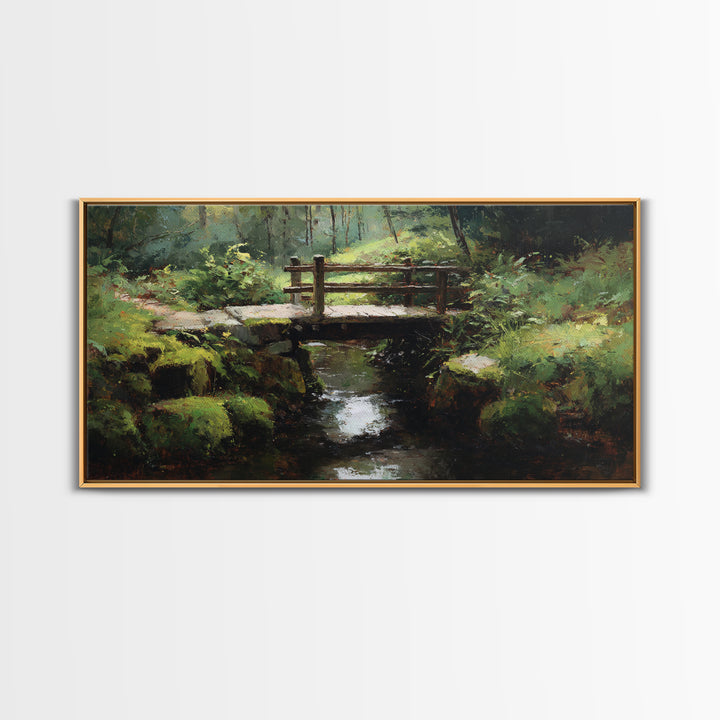 Nature Trail With Wooden Bridge Over Stream Forest Waterfall Landscape Painting Canvas Print Wall Art