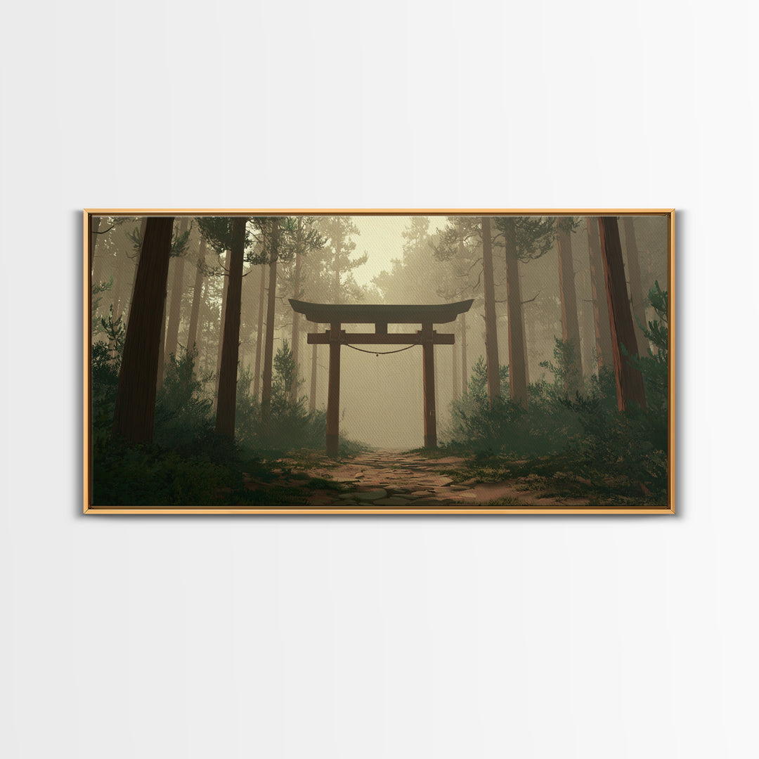 Mystical Japanese Torii Gate In Foggy Forest Scenic Landscape Wall Art Framed Canvas Print For Zen Home Decor And Meditation Space