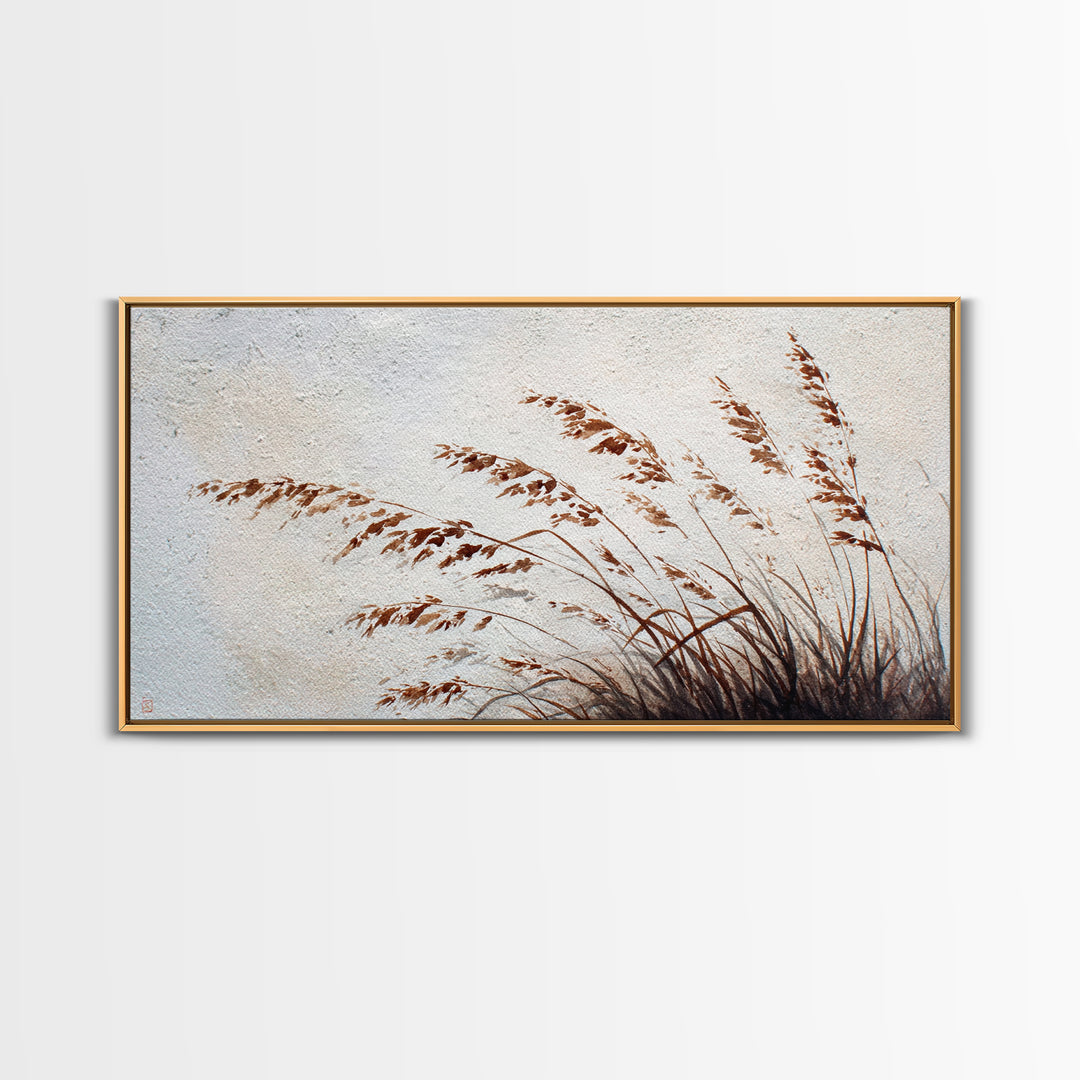 Minimalist Brown Grass Painting On Textured Canvas Print For Rustic Home Decor And Wall Art
