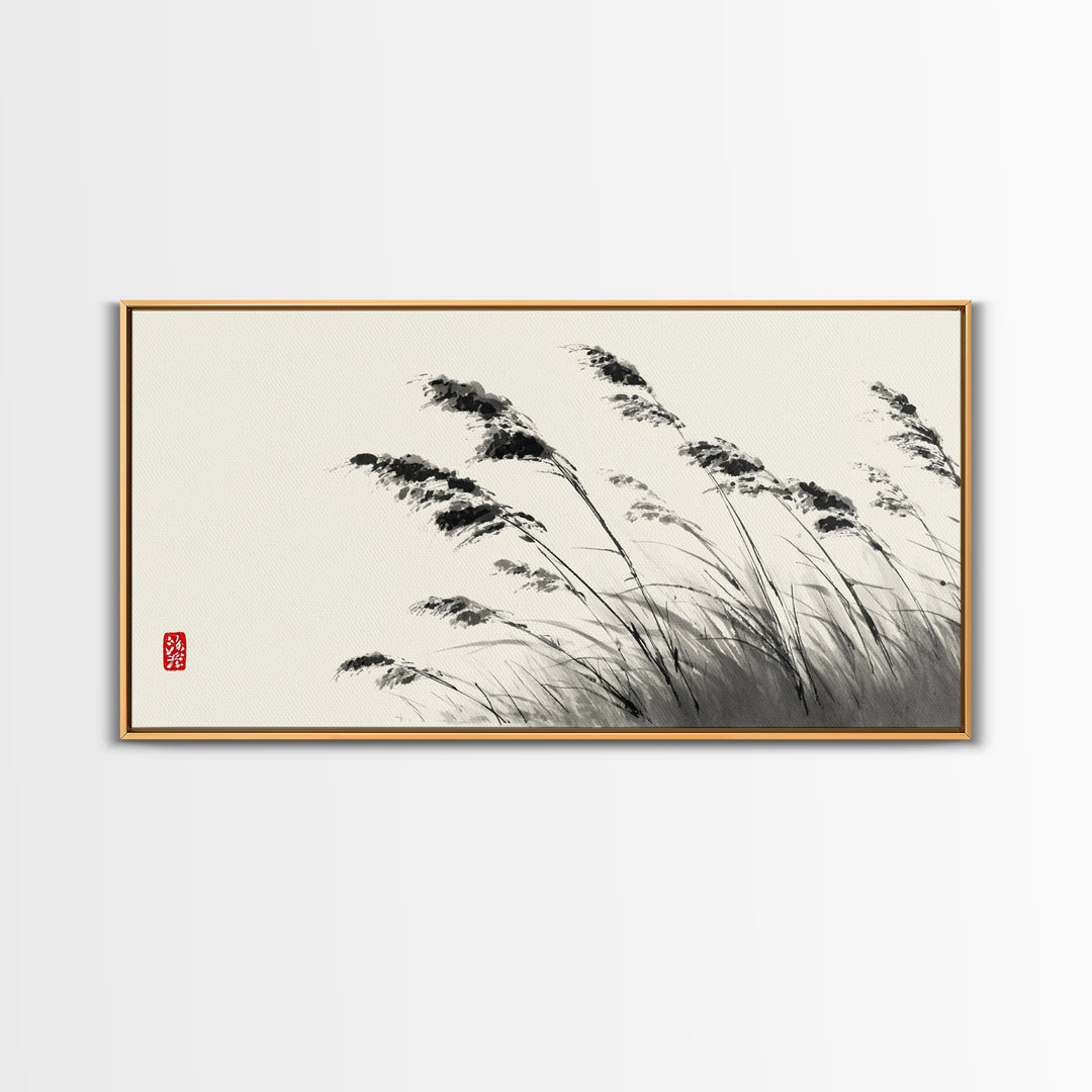 Elegant Monochrome Ink Brush Painting Of Swaying Grasses Minimalist Wall Art Canvas Print For Calm And Serene Home Decor