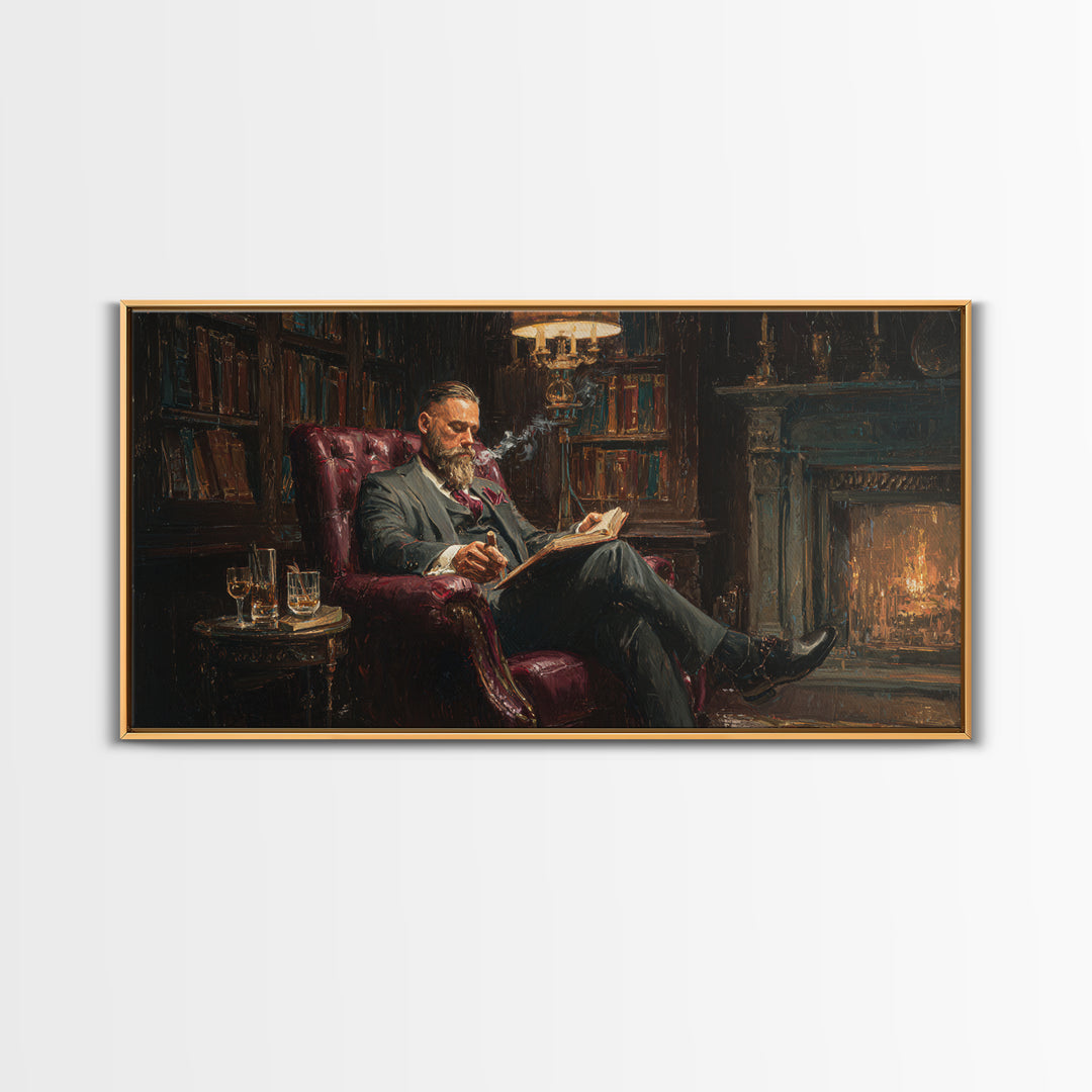 Bearded Man Reading By Fireplace Wall Art, Cozy Library Decor, Dark Academia Art, Book Lover Gift, Office Decor, Living Room Art