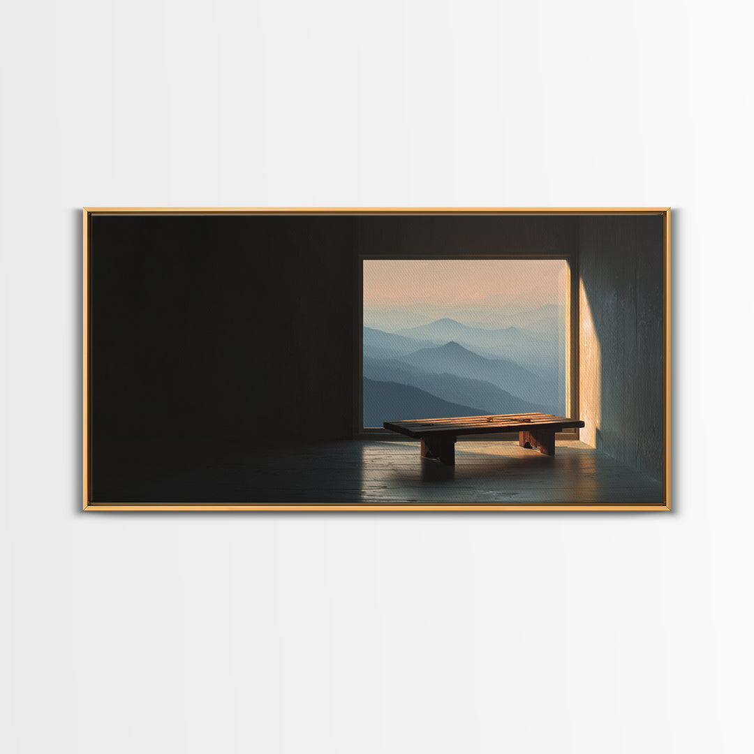 Serene Minimalist Interior With Mountain View Framed Canvas Print Home Decor Wall Art Living Room Decor Relaxing Art