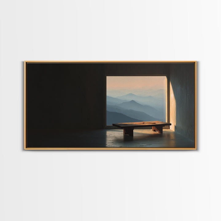 Serene Minimalist Interior With Mountain View Framed Canvas Print Home Decor Wall Art Living Room Decor Relaxing Art