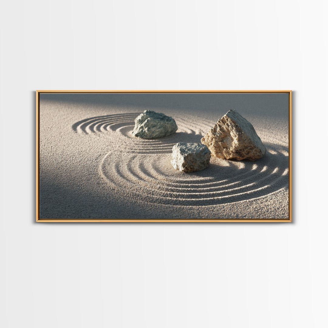 Zen Japanese Rock Garden With Sand And Stones Minimalist Wall Art Canvas Print For Calming Home Decor And Meditation Space