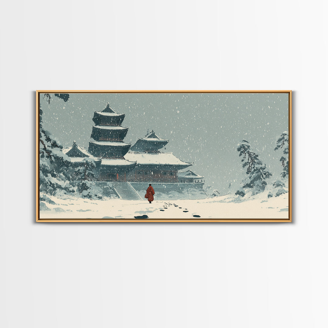 Snowy Temple Scene With Footprints In The Snow Winter Landscape Painting Framed Canvas Print
