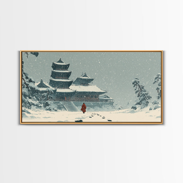 Snowy Temple Scene With Footprints In The Snow Winter Landscape Painting Framed Canvas Print