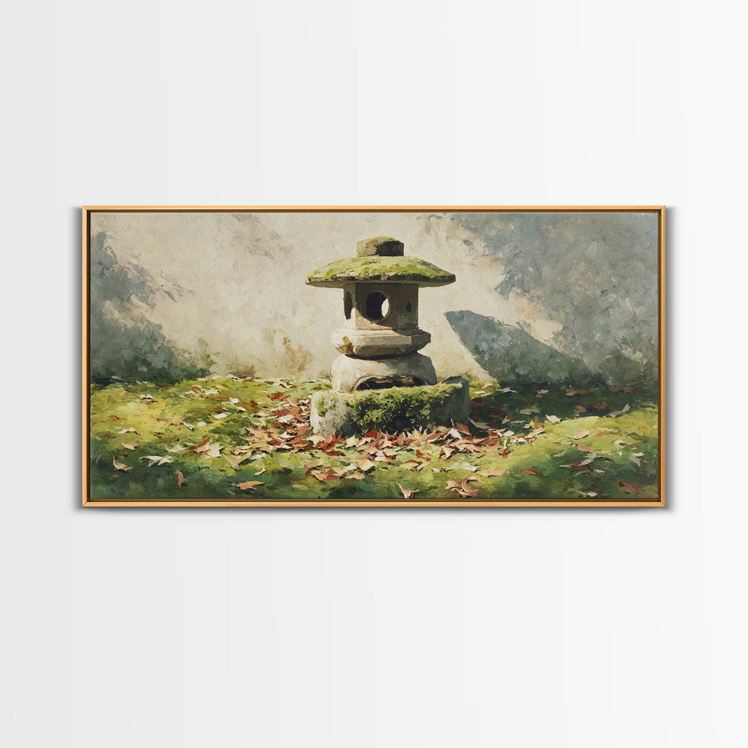 Classic Japanese Stone Lantern In Autumn Garden With Fallen Leaves Wall Art Traditional Asian Garden Canvas Print Framed