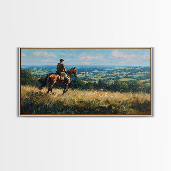 Horse Rider Countryside Landscape Wall Art, Equestrian Canvas Print, Rustic Farmhouse Decor, Horse Lover Gift, Living Room Decor