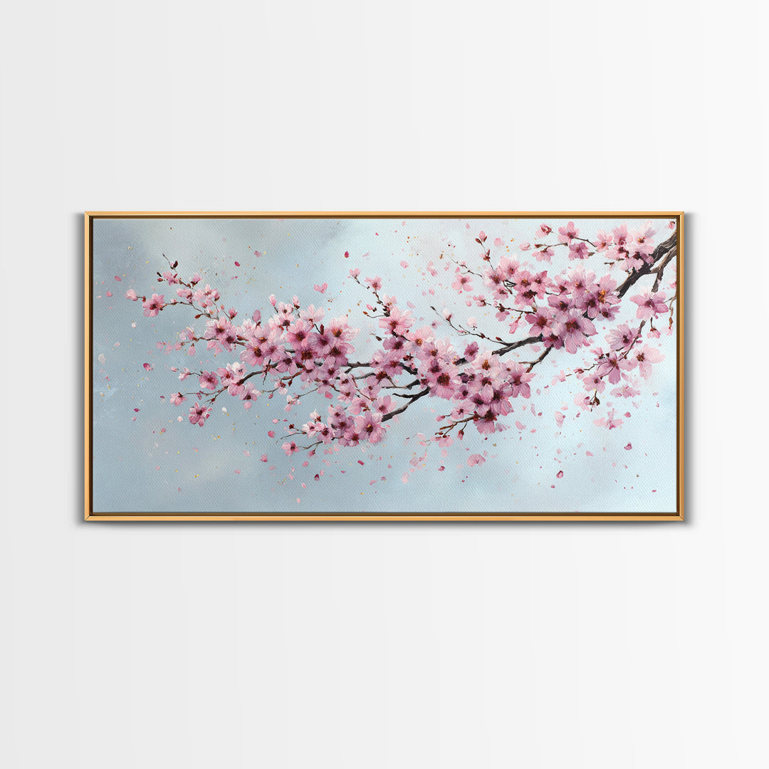Pink Cherry Blossom Wall Art, Sakura Branch Painting, Japanese Botanical Decor, Spring Floral Living Room Bedroom Canvas Print